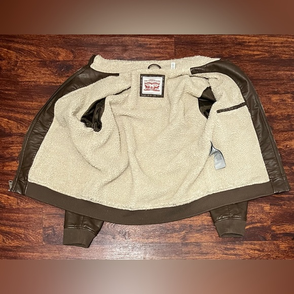 LEVI STRAUSS & CO BROWN FAUX LEATHER FLEECE LINED JACKET SZ large preowned - Picture 2 of 11